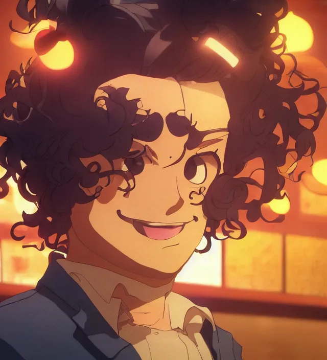 Image similar to close - up anime still of ( ( charming!!!!! latino middle - aged anime protagonist with curly afro and moustache!!! tilting his head charmingly ) late night in an anime bar, cozy lights, detailed orange atmosphere. cinematic rim lighting, global illumination, trending on artstation, hypdertailed, perfect shading, dreamy, masterpiece