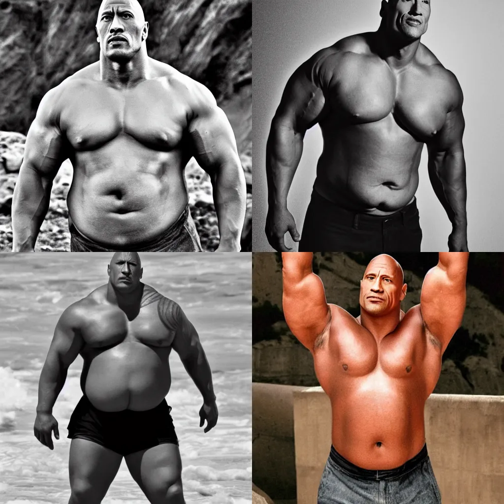Prompt: A shirtless pic of an obese Dwayne Johnson, grayscale