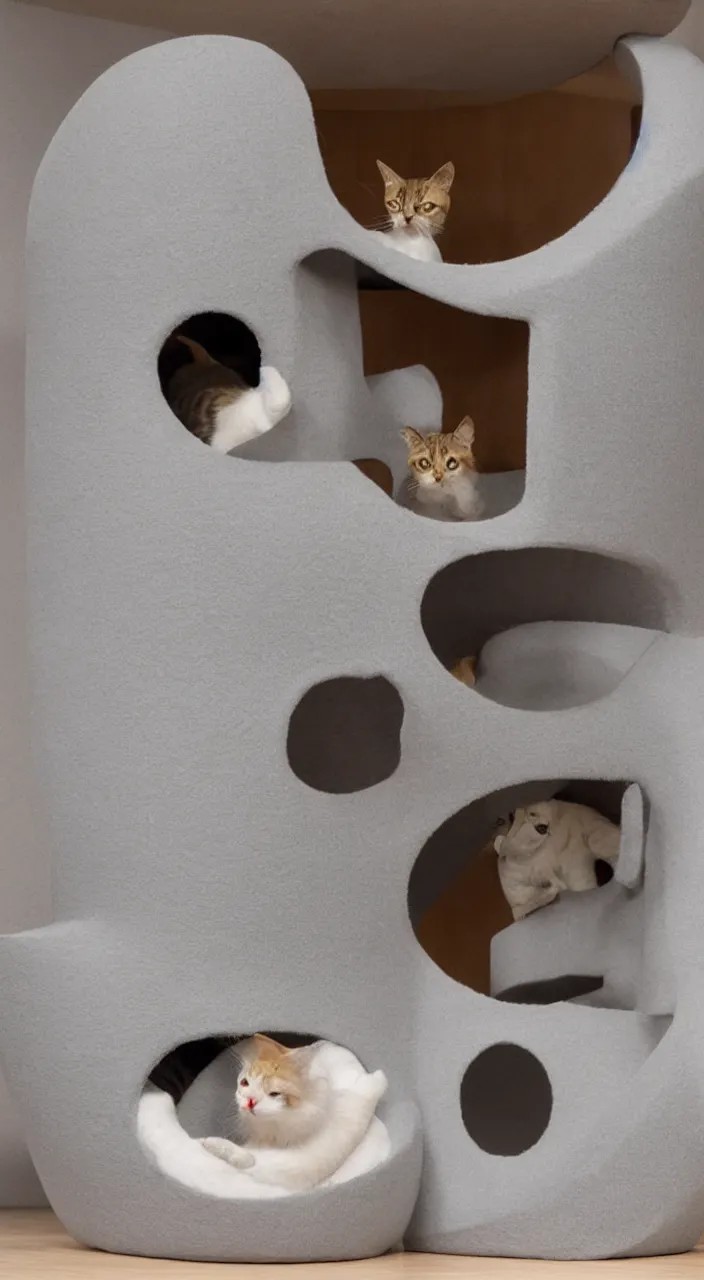 Image similar to a cat tower in the shape of a womb in the style of Le corbusier ,cloud couch,