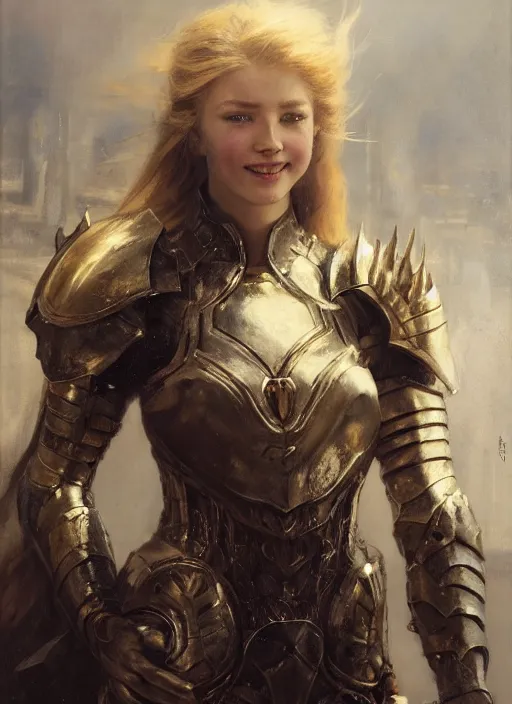 Prompt: smiling young blonde woman wearing a simple black armour, by gaston bussiere, bayard wu, greg rutkowski, giger, maxim verehin, greg rutkowski, masterpiece, sharp focus, cinematic lightning