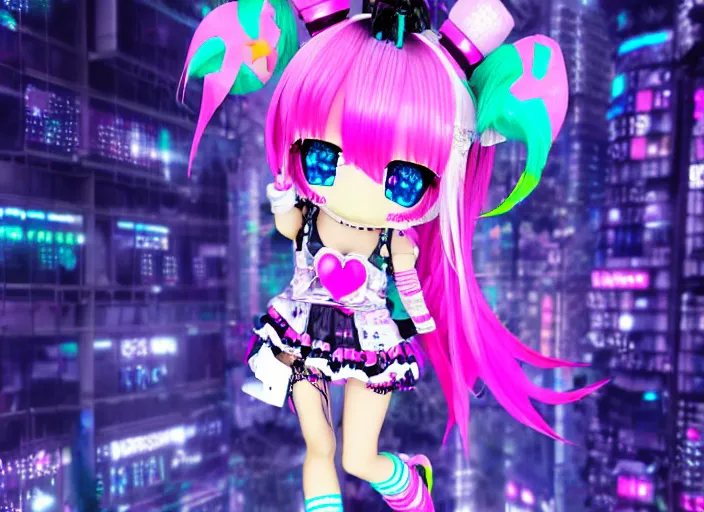 Image similar to 3 d anime render of a decora gyaru kawaii cybergoth emo fashion model vtuber, in a cyberpunk blade runner maximalist city of my melody sanrio plushies, artstation cgsociety