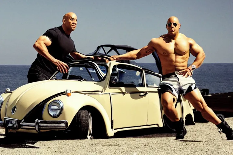 Prompt: vin diesel holds over its head on its two hands volkswagen beatle