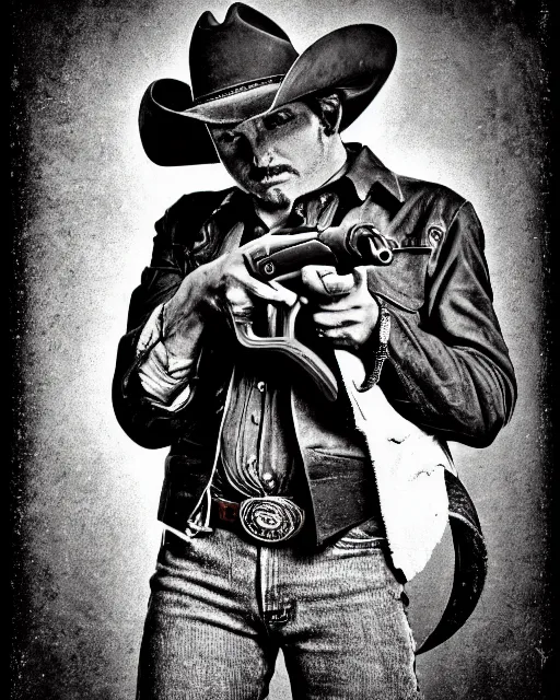 Image similar to portrait of cowboy holding realistic symmetrical colt single action army revolver, black and white polaroid, western, high production value, intricate details, high resolution, hyperrealistic, hdr, high definition, award winning photography, masterpiece, ultra realistic, highly detailed, hd, sharp focus, cinematic lighting, shaded, non blurry, sharp, smooth