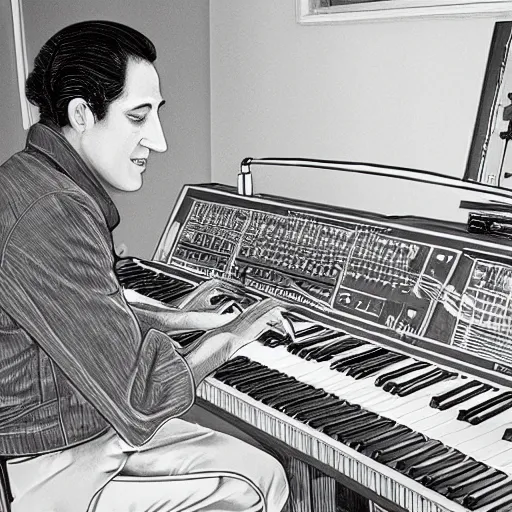 Prompt: photo of george gershwin playing a modular synthesizer, realistic, sharp focus, 4 k high definition, insanely detailed, intricate, elegant, art by stanley lau and artgerm