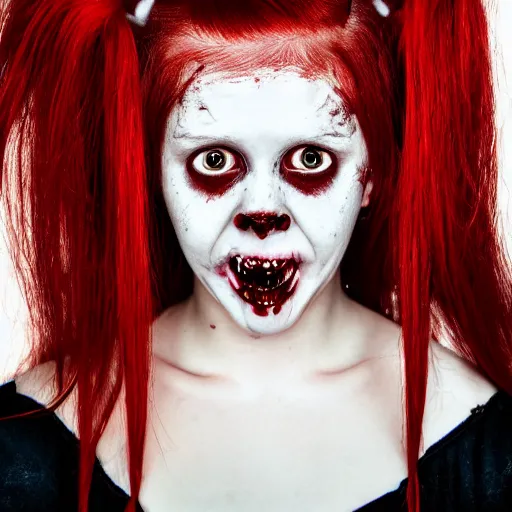 Image similar to A head and shoulders portrait of an adorable creepy horror girl with red hair in pigtails, eerie, dim lighting, 4K HD, professional portra 400 photograph