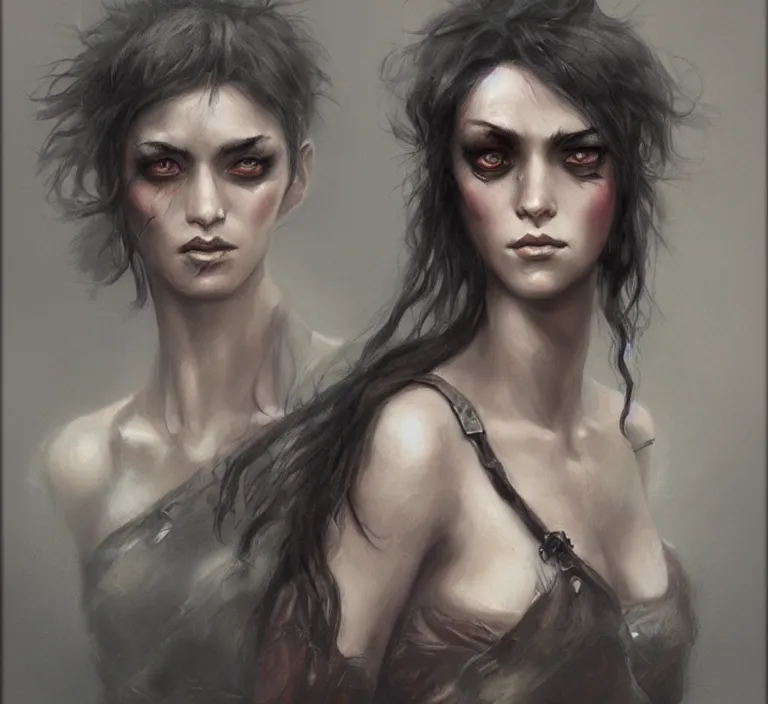 Image similar to a rugged female warrior in the style of tom bagshaw