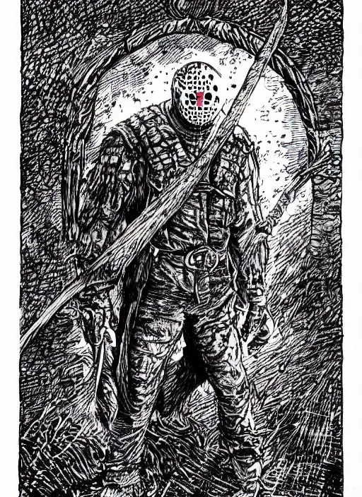 Image similar to Jason Voorhees as a D&D monster, pen-and-ink illustration, etching, by Russ Nicholson, DAvid A Trampier, larry elmore, 1981, HQ scan, intricate details, high contrast