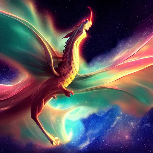 Prompt: A wind dragon flying in space, a stunning and intricate nebula in the background, artstation, award-winning, stunning