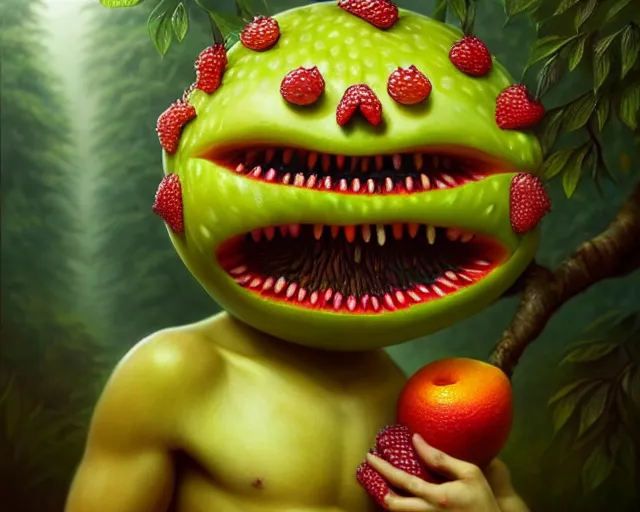 Image similar to a fruit monster made of different fruit, 3 7 1, walking around in forest, detailed mouth, detailed eyes, forest background, trees and flowers, trees in foreground, rays of golden sunlight, oil painting, highly detailed, dramatic lighting, hyperrealistic, smooth, artstation, cgsociety, by artgerm, by wlop