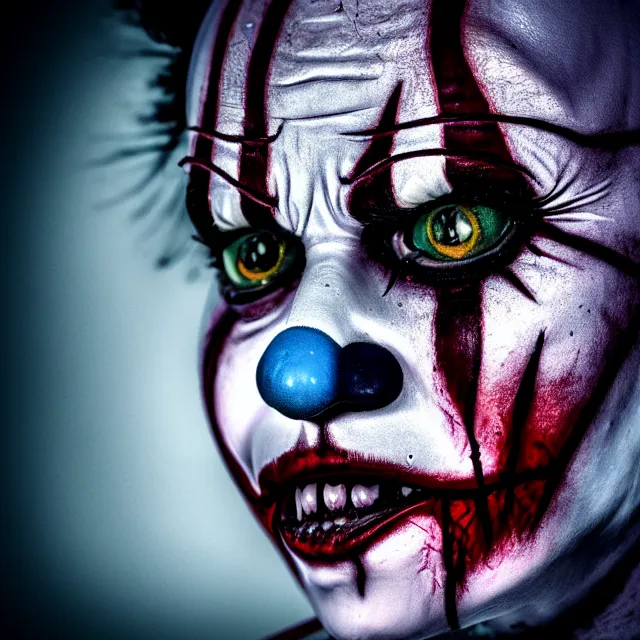 Image similar to photo of a beautiful creepy female killer clown, highly detailed, 8 k, hdr, close up, smooth, sharp focus, high resolution, award - winning photo