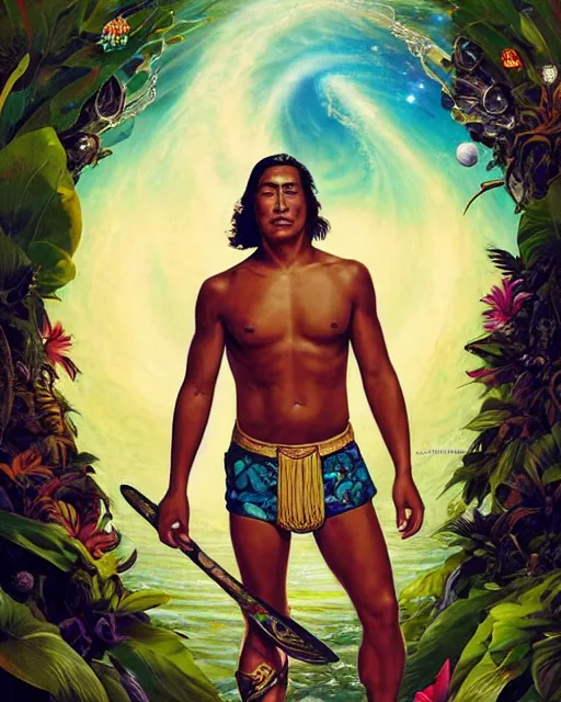 Image similar to duke kahanamoku as a hawaiian warrior emerging from a surrounded intergalactic planets connected by streams of multiversal flow, sigma male, gigachad, lush garden, diamond head backdrop, visually stunning, luxurious, by wlop, james jean, jakub rebelka, tran nguyen, peter mohrbacher, yoann lossel