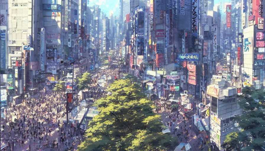 Image similar to shibuya tokyo on a beautiful day, trending on pixiv fanbox, painted by greg rutkowski makoto shinkai takashi takeuchi studio ghibli