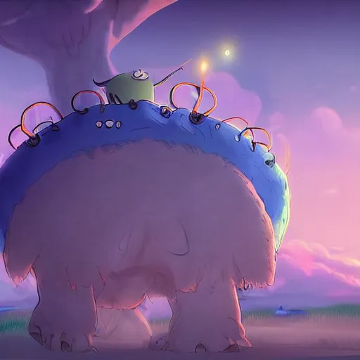 Image similar to amazing cute monster creature ,a screenshot from adventure time, by Salvador dali and Makoto Shinkai