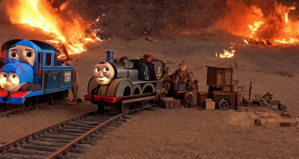 Prompt: Thomas the Tank Engine with fire in MAD MAX: FURY ROAD