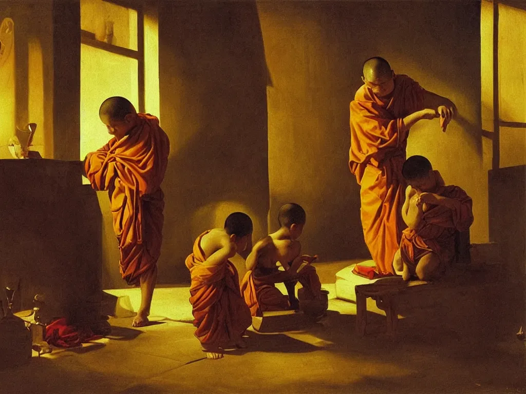 Image similar to Buddhist monk cutting the hair of a novice boy monk. Water in a vase, candle light, moth, window into the night. Painting by Georges de la Tour