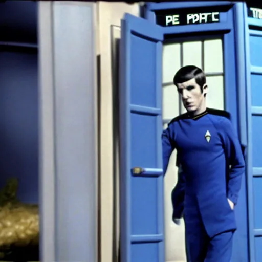 Image similar to photo of mr spock blue uniform exiting the tardis, cinematic, movie still