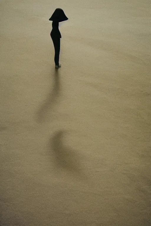 Image similar to a film still of a girl wearing long futuristic dark cloak by yohji yamamoto standing in a shadow sense of mystery, muted colors, simple shapes, long shot, full shot, by bill henson, by gregory crewdson, golden ratio, perfect composition, dramatic, fine detail, intricate