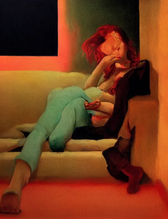 Image similar to girl in pajama watching television in dark room, redshift, wide shot, coloured polaroid photograph with flash, kodak film, hyper real, stunning moody cinematography, anamorphic lenses, by maripol, fallen angels by wong kar - wai, style of suspiria and neon demon and bahnhof zoo, david hockney, detailed, oil on canvas