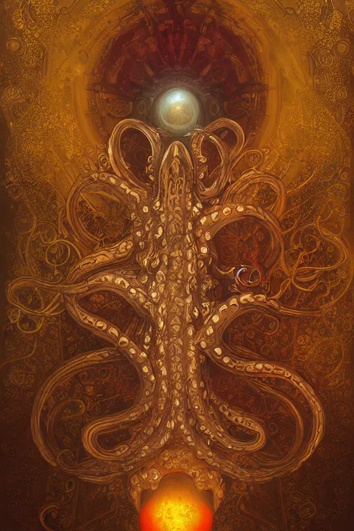 Image similar to tarot card artstation, portrait of an octopus, sunrise, baroque ornament and rococo ornament, ancient chinese ornate, hyperdetailed, beautiful lighting, craig mullins, mucha, klimt, yoshitaka amano, depth, red and gold and orange color palette