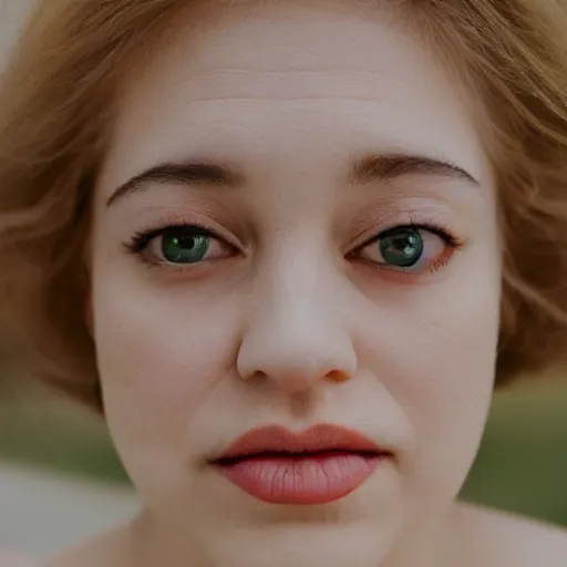 Image similar to minimalist photography portrait of a woman with the world's smallest mouth, tiny lips, symmetrical, super close up, mid thirties, medium blonde, cute round green slanted eyes, pale skin, wide nostrils, chubby cheeks, high flat eyebrows, ethereal essence, angelic, leica 1 0 0 mm f 0. 8