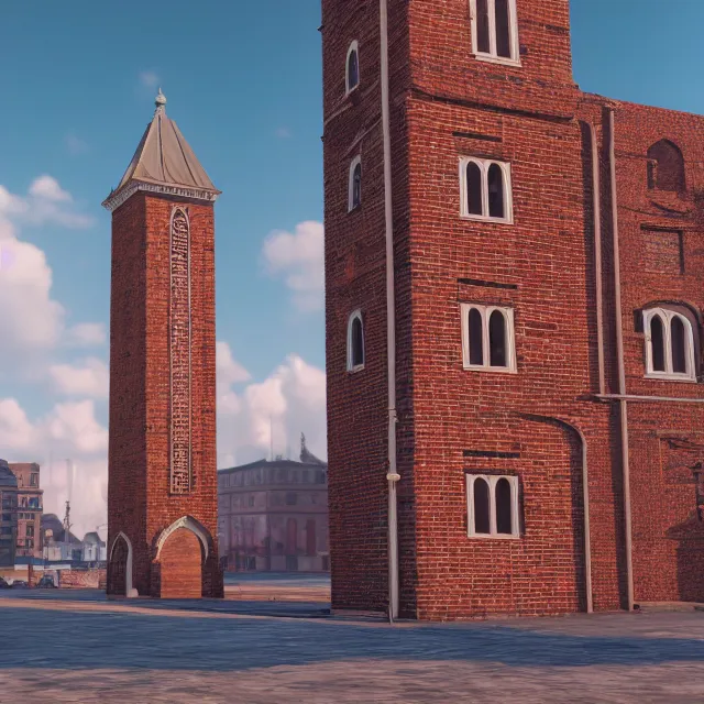 Prompt: georgian style brick clock tower colonial city with tall strange buildings, volumetric, realistic, cinematic lighting, ray tracing, unreal engine 5, octane render, hyper realistic, photo, 8 k