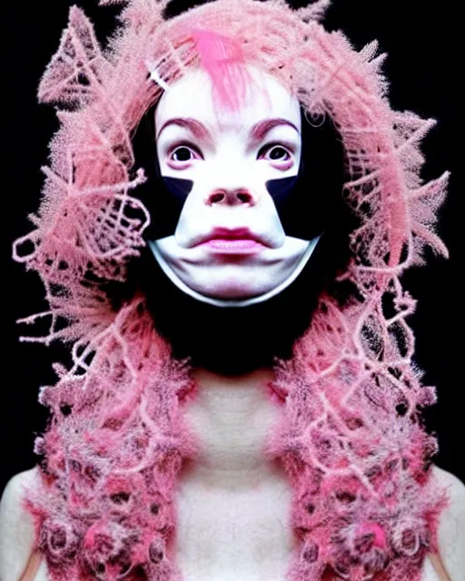 Image similar to symmetrical portrait of a woman face with pink frizzy hair, wearing a embroidered black mask by alexander mcqueen, bjork aesthetic, masterpiece, cyberpunk