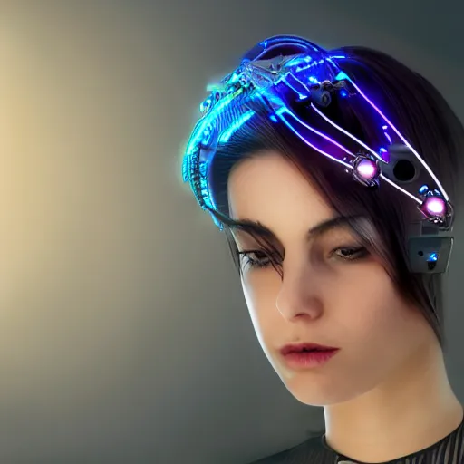 Image similar to a cyberpunk girl with a scifi neuralink device on her head