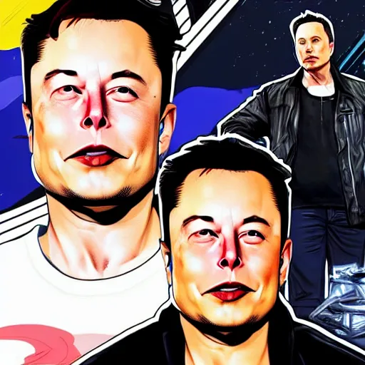 Prompt: elon musk drawn in the art style of grand theft auto 5 promotional art.