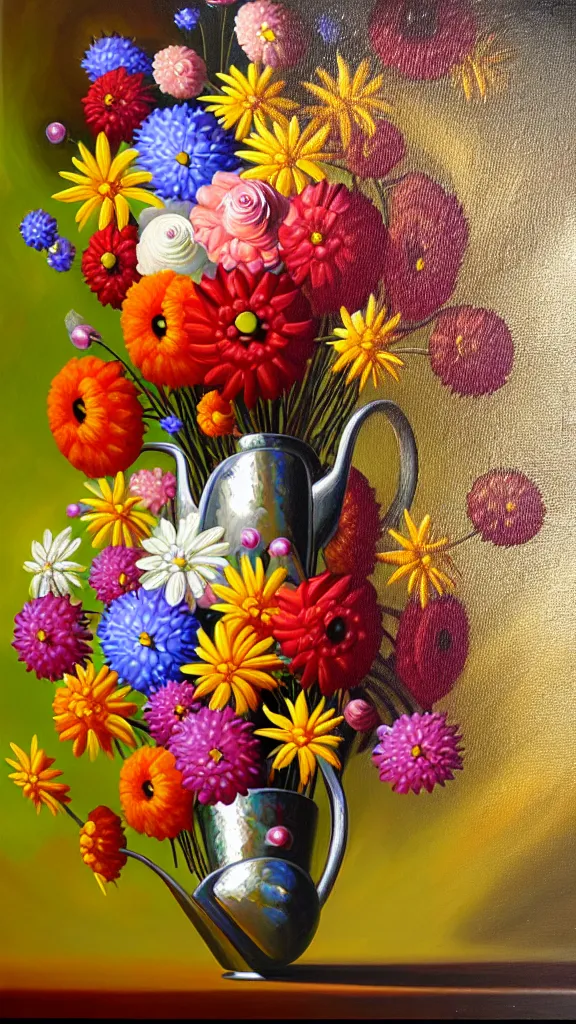 Prompt: a detailed retrofuturistic oil painting , a bouquet of flowers made of shimmering metal