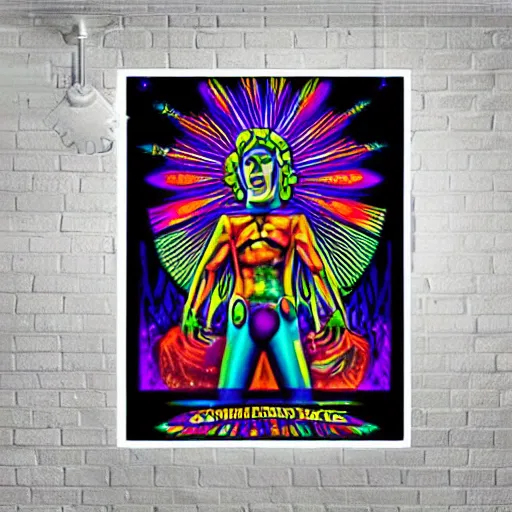 Prompt: the homepride man dmt psychedelic poster art