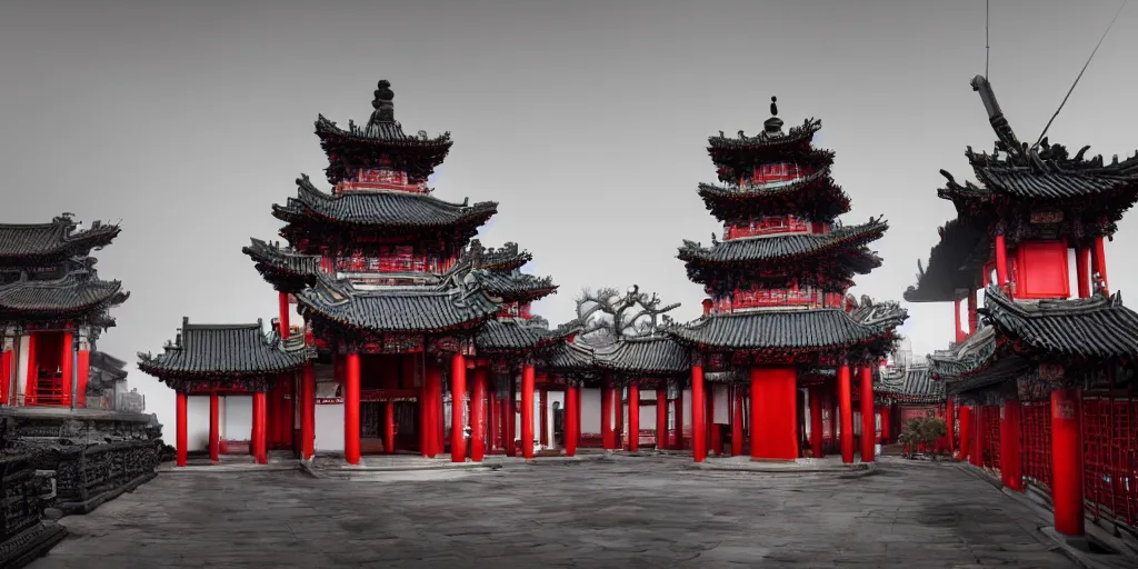 Image similar to a cyberpunk style chinese temple, detailed, atmospheric, 8 k