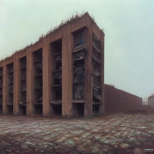 Image similar to brutalist building turning into meat, post apocalyptic, painted by beksinski