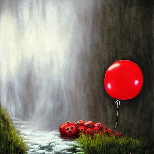 Prompt: grunge painting of a waterfall with a wide smile and a red balloon by chris leib, loony toons style, pennywise style, corpse bride style, creepy lighting, horror theme, detailed, elegant, intricate, conceptual, volumetric light