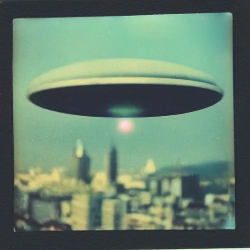 Image similar to a ufo flying over a city, distant!, blurry photo, old polaroid, expired film, historical photo,