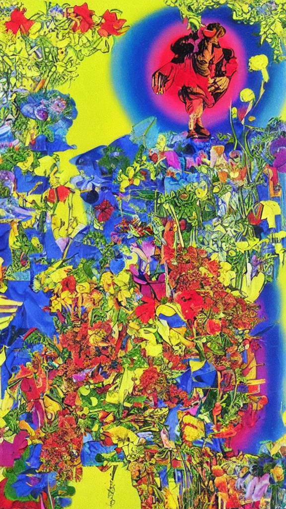 Image similar to gui for a program where an angel brings u flowerz in tha pouring rain, mixed media, by tadanori yokoo