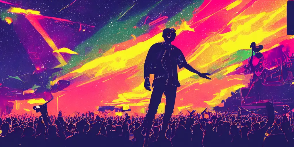 Prompt: rapping into microphone, silhouette, huge crowd, outrun, hip hop, digital art, Aurora borealis, trending on Artstation, professional artist, detailed, 4k