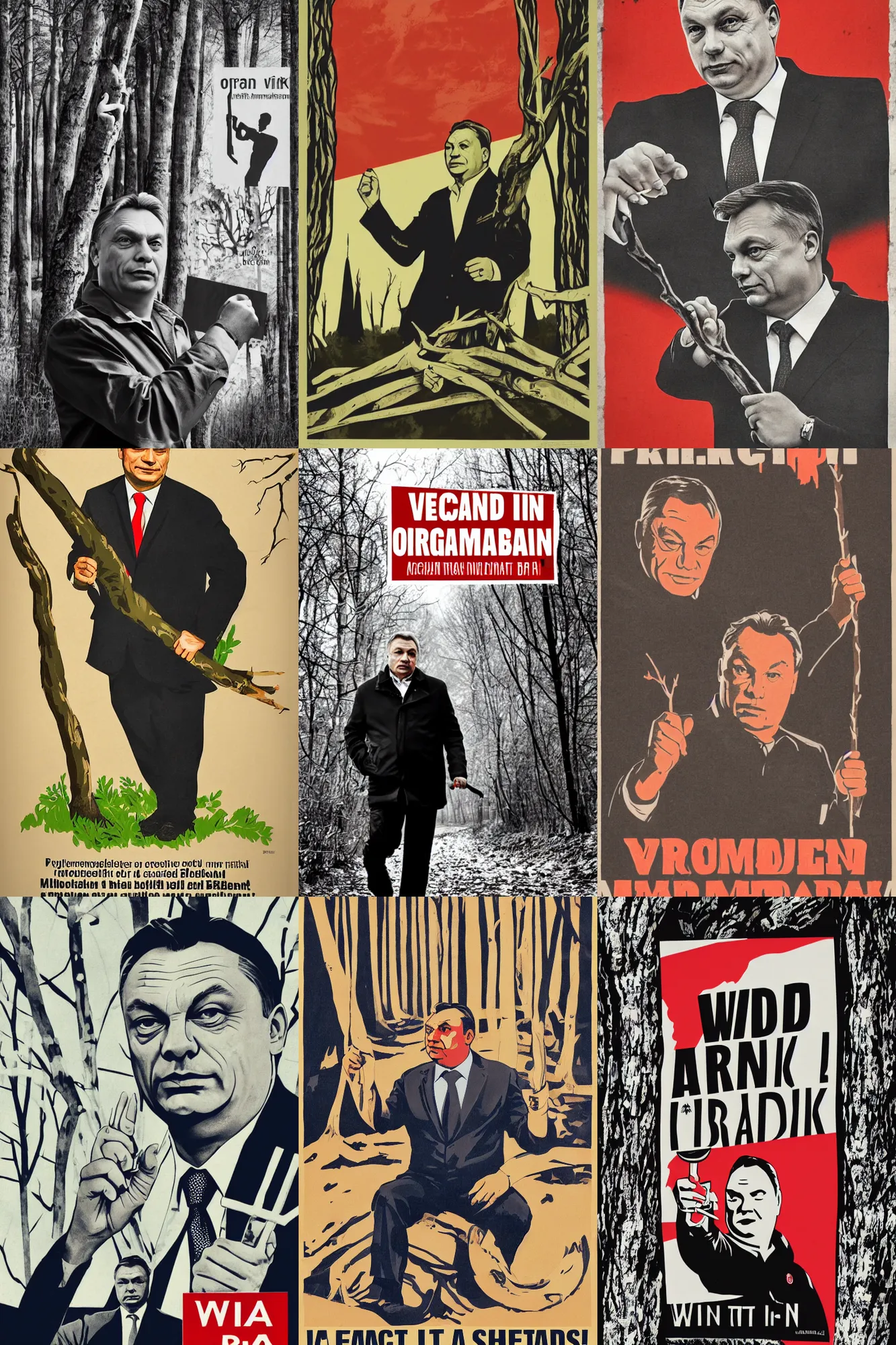 Prompt: propaganda poster of viktor orban, branch in hand, woods in background