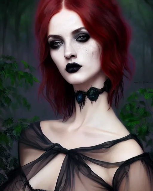 Image similar to beautiful digital painting of a stylish goth socialite forest with high detail, real life skin, freckles, 8 k, stunning detail, works by artgerm, greg rutkowski and alphonse mucha, unreal engine 5, 4 k uhd