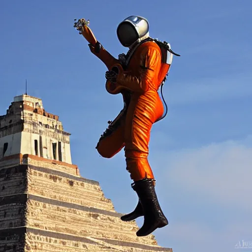 Prompt: an astronaut playing guitar at the Cholula pyramid