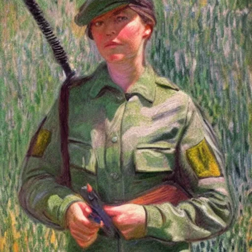 Image similar to a female soldier holding a a stapler to her own head and looking depressed by monet realistic, high details