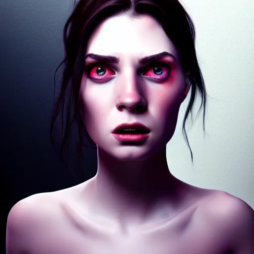 Image similar to hyperrealistic portrait of a woman terrified of three men and a woman, aesthetic, trending on artstation, detailed digital art,