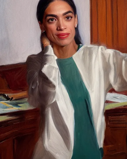 Image similar to close - up portrait of the united states president, alexandria ocasio - cortez, standing at the resolute desk, 2 0 2 4, painting, oil on canvas by william sidney mount, trending on artstation, national archives