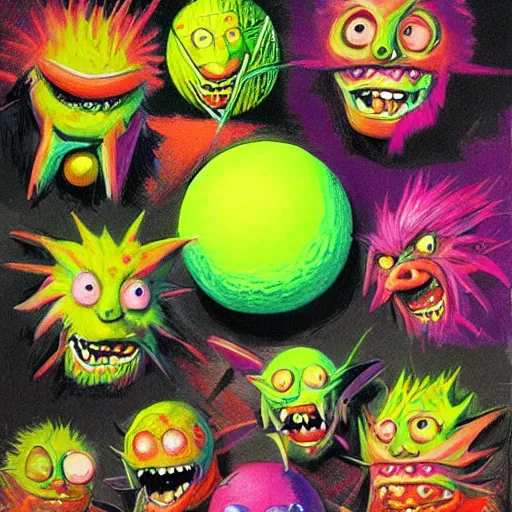 Prompt: a million tennis ball monsters, colorful, digital art, fantasy, magic, chalk, trending on artstation, ultra detailed, professional illustration by basil gogos