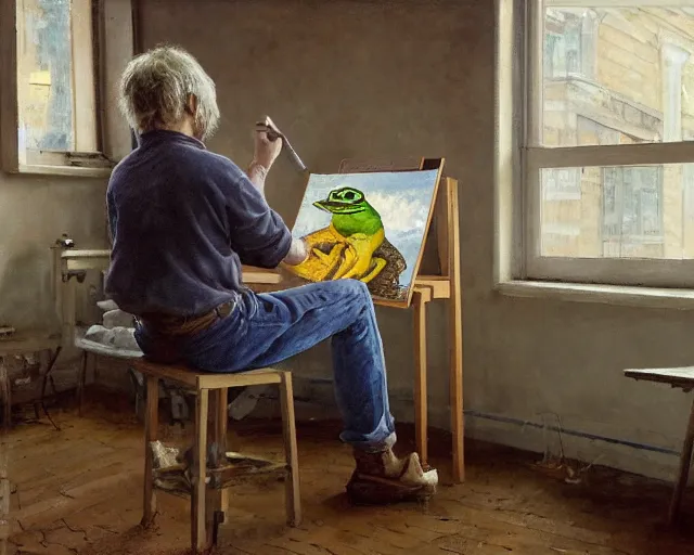 Prompt: an exhausted painter in his studio painting a picture of pepe the frog - key lighting, soft lights, foggy, by steve hanks, by lisa yuskavage, by serov valentin, by tarkovsky, 8 k render, detailed, oil on canvas