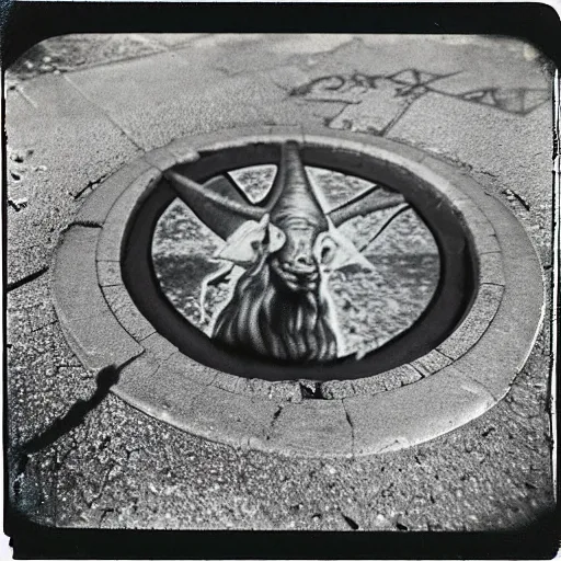 Image similar to baphomet's curse manhole in the night sky, polaroid photo, perfect photo, photo pinterest