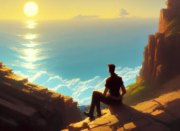 Image similar to a man sitting on a cliff watching the sun shining bright, painting, digital art, harsh lighting, trending on art station, art by greg rutkowski and andreas rocha, 8 k