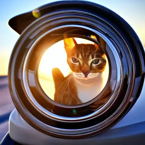 Image similar to cat driving in a cabriolet, golden hour, top view, golden ratio