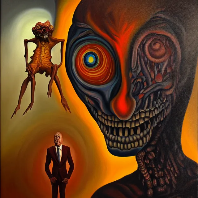 Image similar to an oil on canvas portrait painting of a man meeting a demon, polycount, surrealism, surrealist, cosmic horror, high detail