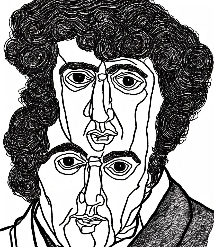 Image similar to detailed line art portrait of oscar wilde, inspired by egon schiele. caricatural, minimalist, bold contour lines, musicality, soft twirls curls and curves, confident personality, raw emotion