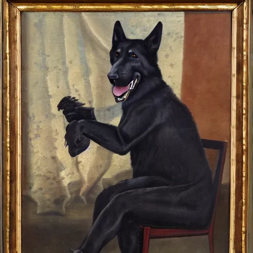 Image similar to a oil painting of a anthropomorphic german shepherd beast - man, wearing military outfit, sitting on an armchair